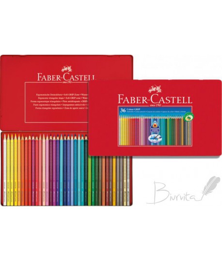 Spalvoti pieštukai Faber Castell Grip 2001, 36 spalvos metalinėje dėžutėje